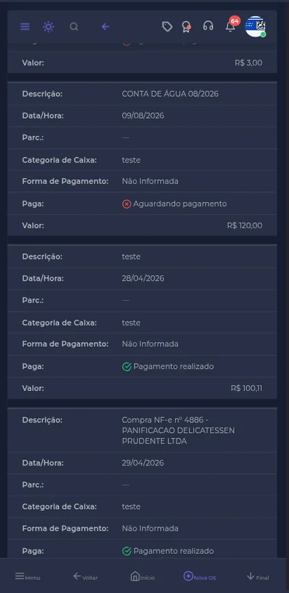 Tela de contas a pagar, com os vencimentos do período