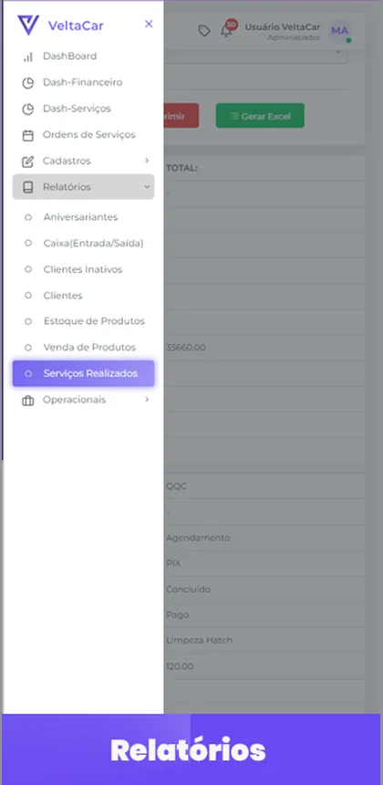 Tela de relatórios, com faturamento e serviços do período